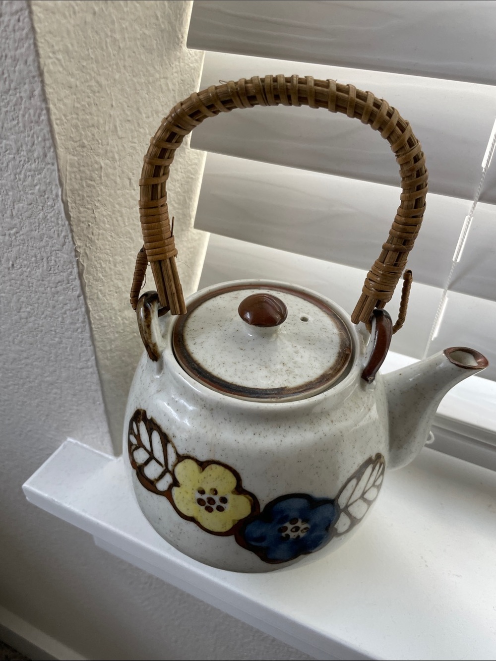 Hand-Painted Japanese Floral Ceramic Teapot with Woven Handle Vintage Tea Party
